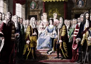Prints of Articles of Union presented by Commissioners to Queen Anne, 1706 (c1905). Commissioners appointed by English, Scottish Parliaments Politic Prints: Articles of Union Presented to Queen Anne, 1706 Print