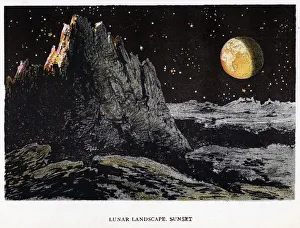 Artists impression of the lunar landscape at sunset, 1884 Artists impression of the lunar landscape at sunset, 1884