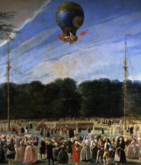 Images Dated 18th April 2007: Ascent of a Montgolfier Balloon in Madrid 5 - Jul. 1784, flight by Boucle, oil on canvas