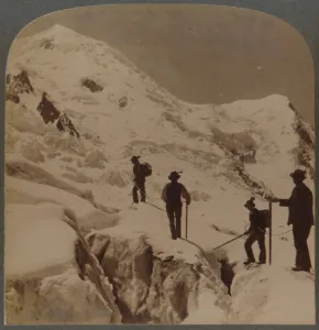 Ascent of Mt. Blanc - crossing Bossons Glacier - Grands Mulets in distance, Alps, 1901 Ascent of Mt. Blanc - crossing Bossons Glacier - Grands Mulets in distance, Alps, 1901
