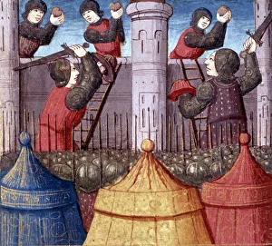 Assault and taking of a castle by the knights of King Arthur, miniature in the incunable Assault and taking of a castle by the knights of King Arthur, miniature in the incunable