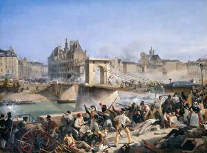 Attack on the Hotel de Ville and Combat on the Pont d?Arcole, July 28, 1830. Artist: Bourgeois, Amedee (1798-1837)