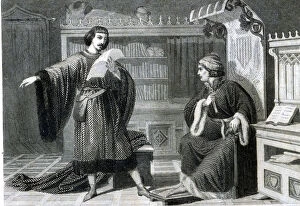 Ausias March (1397-1459), engraving of 1864, reading his poems to the Prince of Viana