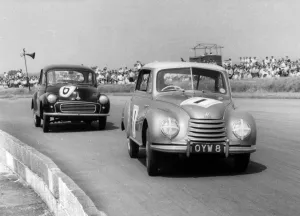 Auto Union-DKW racing Morris Minor at Silverstone 1958. Creator: Unknown Auto Union-DKW racing Morris Minor at Silverstone 1958. Creator: Unknown