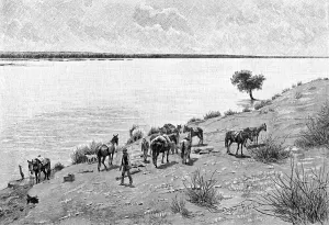 The banks of the Rio Neuquen, Argentina, 1895.Artist: Alfred Paris The banks of the Rio Neuquen, Argentina, 1895.Artist: Alfred Paris