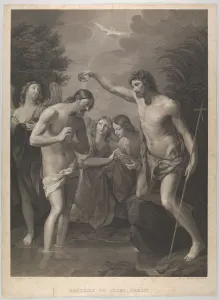 The Baptism of Christ; Saint John the Baptist at right and Christ at left with his The Baptism of Christ; Saint John the Baptist at right and Christ at left with his