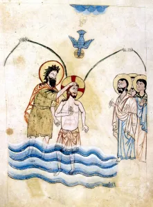 The Baptism of Jesus by St John the Baptist, c1334. Artist: Vardan Lorets'i The Baptism of Jesus by St John the Baptist, c1334. Artist: Vardan Lorets'i