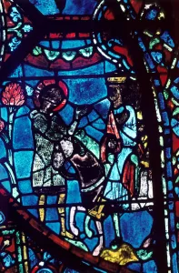 Baudoin tells Charlemagne of the death of Roland, stained glass, Chartres Cathedral Baudoin tells Charlemagne of the death of Roland, stained glass, Chartres Cathedral