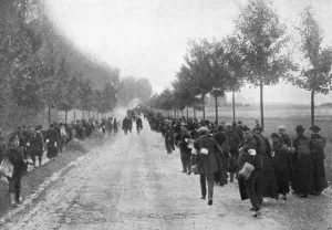 Prints of Belgians fleeing from Termonde, First World War, 1914, (1920) Landscapes Prints: Print of Belgians fleeing Termonde during the First World War, 1914