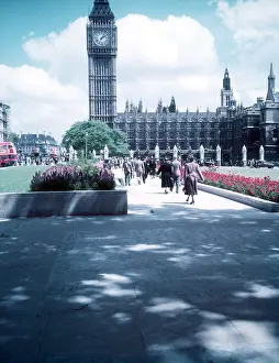 Prints of Big Ben from Parliament Square, London, c1955. View of the Houses of Parliament and the famous Clock Tower Westminster Prints: Big Ben Print, c1955 Parliament Square View