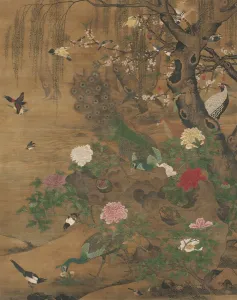 Prints of Birds Gather under the Spring Willow, late 1400s-early 1500. A great variety of birds, including the peacock and peahen, are portrayed in a natural setting Cleveland Prints: Chinese Spring Willow Print, late 1400s-early 1500