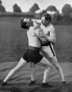 The body holt and neck double, wrestling display, Aldershot, Hampshire, 1896 The body holt and neck double, wrestling display, Aldershot, Hampshire, 1896