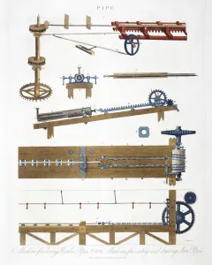 Boring wooden pipes, and casting and drawing iron pipes, c1825 Boring wooden pipes, and casting and drawing iron pipes, c1825