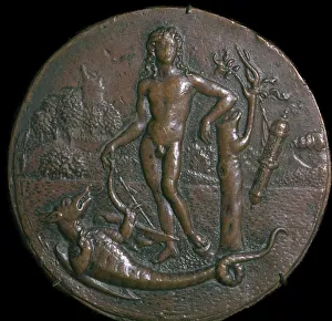 Related Images Gallery: Bronze medallion of Apollo and the serpent Python, 16th century