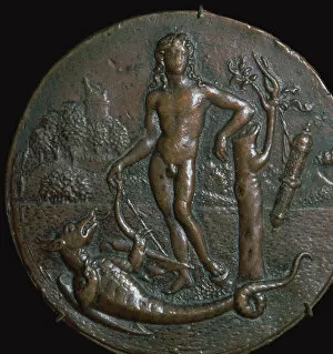 Related Images Gallery: Bronze medallion of the Greek god Apollo and the serpent Python, 15th century