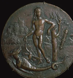 Related Images Gallery: Bronze medallion of the Greek god Apollo and the serpent Python, 15th century