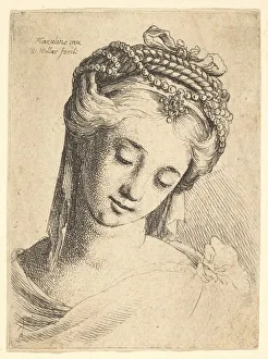 Bust of a young woman with elaborate headdress, looking down., 1625-77 Bust of a young woman with elaborate headdress, looking down., 1625-77