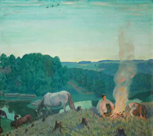 Campfire, 1916. Artist: Kustodiev, Boris Michaylovich (1878-1927) Campfire, 1916. Artist: Kustodiev, Boris Michaylovich (1878-1927)