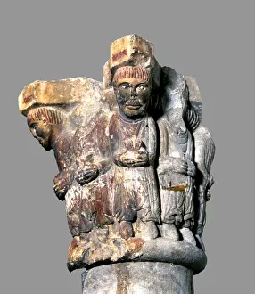 Capital with polychromed stone sculpture representing the abbot of Camprodon with Capital with polychromed stone sculpture representing the abbot of Camprodon with