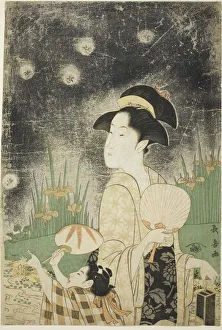Children Prints: Eishosai Choki's Catching Fireflies Print, Mid-1790s