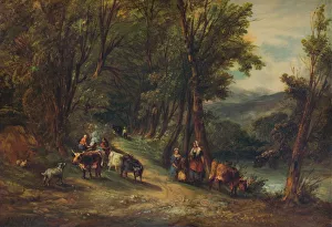 Alfred Vickers Print: Cattle and Figures in Wooded Valley with Stream, 1860