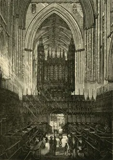 Prints of Choir of York Minster, 1898. Grade I listed York Minster constructed in Gothic style on Norman foundations under orders of Walter de Gray in 1215 with efforts at restoration from 1730s onwards York Prints: Heritage Images Print: Choir of York Minster, 1898