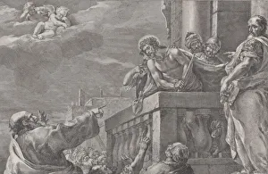 Christ on a balcony surrounded by guards, Pilate stands to the right gesturing towa Christ on a balcony surrounded by guards, Pilate stands to the right gesturing towa