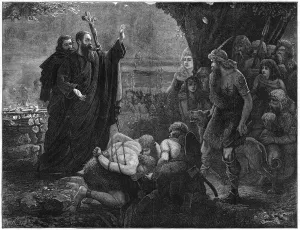 Christian missionaries interrupting a human sacrifice, 1878.Artist: J Christie Christian missionaries interrupting a human sacrifice, 1878.Artist: J Christie