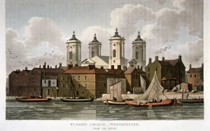Church of St John the Evangelist from the River Thames, Westminster, London, 1815 Church of St John the Evangelist from the River Thames, Westminster, London, 1815