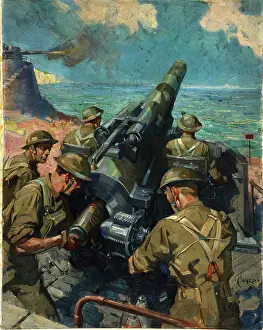 Terence Cuneo Artwork Prints: Coastal battery scene, World War II, c1939-c1945. Creator: Terence Tenison Cuneo