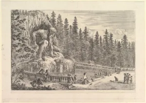 Colossal statue of the Appenino by Giambologna to left, represented as a giant crouchi Colossal statue of the Appenino by Giambologna to left, represented as a giant crouchi