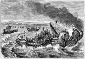 Combat between Roman and Veneti vessels, Loire river, 56 BC (1882-1884).Artist: Dietrich Combat between Roman and Veneti vessels, Loire river, 56 BC (1882-1884).Artist: Dietrich