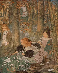 Prints of The Coming of Spring, 1899, (c1930). A group of girls celebrate the coming of Spring, indicated by the snowdrops in the foreground Scotland Prints: Heritage Images Print of The Coming of Spring, 1899