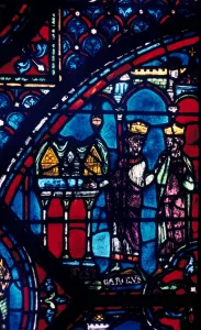 Constantine presents relics to Charlemagne, stained glass, Chartres Cathedral, France Constantine presents relics to Charlemagne, stained glass, Chartres Cathedral, France