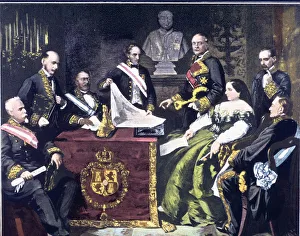 The Council of Ministers headed by Elizabeth II declares war on Morocco in 1859, engraving The Council of Ministers headed by Elizabeth II declares war on Morocco in 1859, engraving