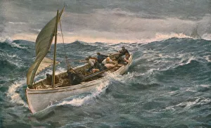 Prints of The Crew, 1902, (c1930). Small sailing boat in rough seas. Painting in the Aberdeen Maritime Museum, Aberdeen, Scotland. From Modern Masterpieces of British Art'. [The Amalgamated Press Ltd Modern Art Piece Prints: Charles Napier Hemy's The Crew, 1902 Print (c1930)