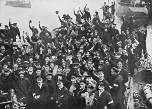 Prints of The crew of HMS Vindictive celebrating the Zeebrugge Raid on 23 April 1918 World War I And II Prints: Print of HMS Vindictive crew celebrating Zeebrugge Raid