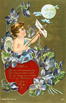 Images Dated 8th February 2006: Cupid shooting an arrow carrying a love letter, American Valentine card, 1908