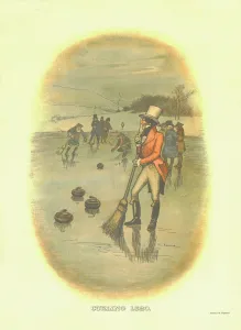 Prints of Curling, 1820, c1910. One of a set of advertisements showing Johnnie Walkers Striding Man in various sporting scenarios Tom Browne Prints: Vintage Curling Print, 1820, c1910