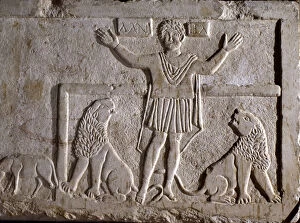 Daniel in the lions Hebrew prophet Daniel, detail of the relief in the sarcophagus in Ecija