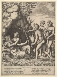 Daphne embracing her father, the river-god Peneus, at the left three nymphs bring jars Daphne embracing her father, the river-god Peneus, at the left three nymphs bring jars