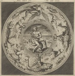 Design for a Plate with Arion Riding a Dolphin in a Medallion Bordered by Sea Monsters Design for a Plate with Arion Riding a Dolphin in a Medallion Bordered by Sea Monsters