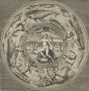 Design for a Plate with Galatea on a Shell Flanked by Trumpeters in a Medallion Border Design for a Plate with Galatea on a Shell Flanked by Trumpeters in a Medallion Border