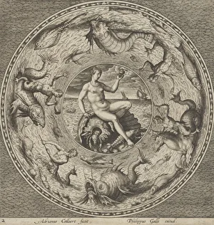 Design for a Plate with Thetis on a Shell in a Medallion Bordered by Sea Monsters, c1600 Design for a Plate with Thetis on a Shell in a Medallion Bordered by Sea Monsters, c1600