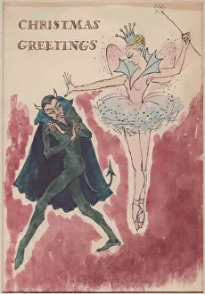 Devil and fairy, Christmas card, 1952. Creator: Shirley Markham Devil and fairy, Christmas card, 1952. Creator: Shirley Markham