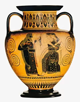 Clay Gallery: Dionysus and two Maenads. Attic black-figured amphora, ca 550-530 BC