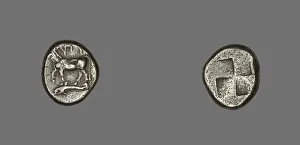 Drachm (Coin) Depicting a Cow with Dolphin below, about 416-357 BCE. Creator: Unknown Drachm (Coin) Depicting a Cow with Dolphin below, about 416-357 BCE. Creator: Unknown