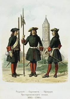 Dress uniforms of the Preobrazhensky Regiment in 1695-1700, 1901-1904. Artist: Charlemagne, Adolf (1826-1901)