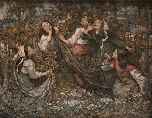 Prints of The Earths Awakening, 1909, (c1930). A group of girls celebrate the coming of Spring, indicated by the snowdrops in the foreground Modern Art Piece Prints: The Earth's Awakening, 1909 Print by Edward Atkinson Hornel