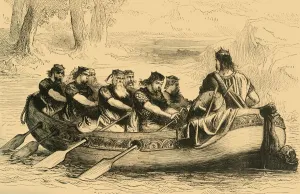 Edgar the Pacific being rowed down the River Dee by Eight Tributary Princes, c1890 Edgar the Pacific being rowed down the River Dee by Eight Tributary Princes, c1890
